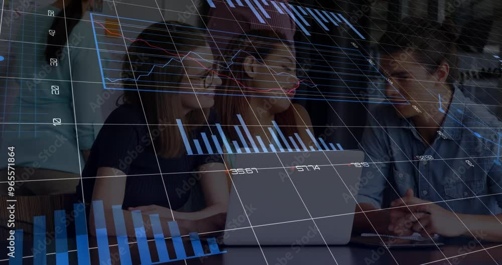 Poster animation of financial data processing over diverse colleagues discussing work in office