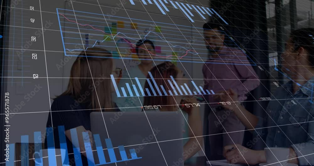 Aufkleber animation of financial data processing over diverse colleagues discussing work in office