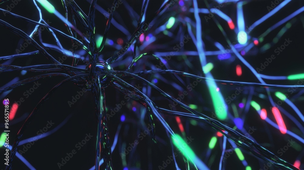 Poster information waves and global databases. 3d illustration of big data and cybersecurity. neural networ