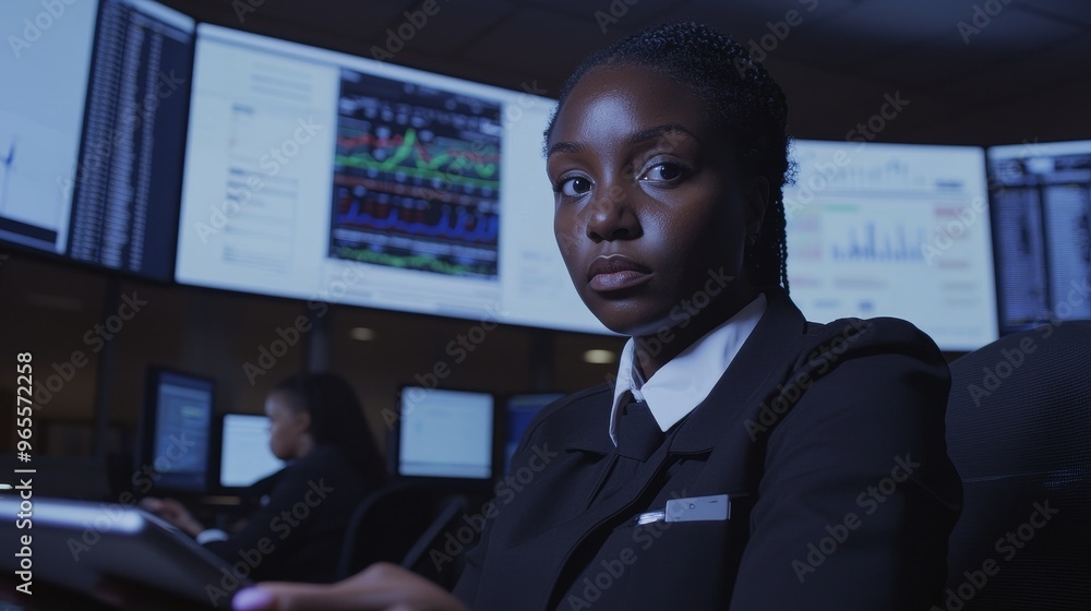 Poster she is holding a tablet computer in the center of the system monitoring center while her coworkers a