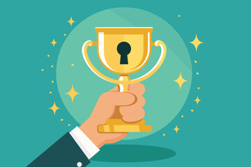 Key to Success: Mentor's Hand Holding Winner's Cup with Keyhole, Unlocking Business Development, Career Growth, and Rewards