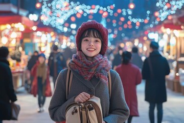 Fototapeta premium Smiling young woman with Down syndrome with backpack enjoying festive night market