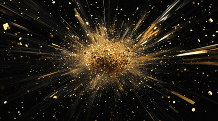 Obraz premium Gold particles explosion on black background creates a stunning visual of shimmering movement and dynamic energy that captures the essence of celebration and luxury.
