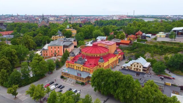 Panoramic drone view of Cirkus, concert and events arena in Stockholm, Sweden