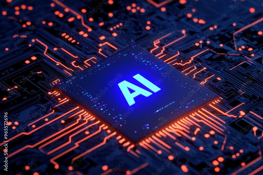 Poster the abstract blue ai chip is set against a blurred background. stock and innovation concept. 3d rend