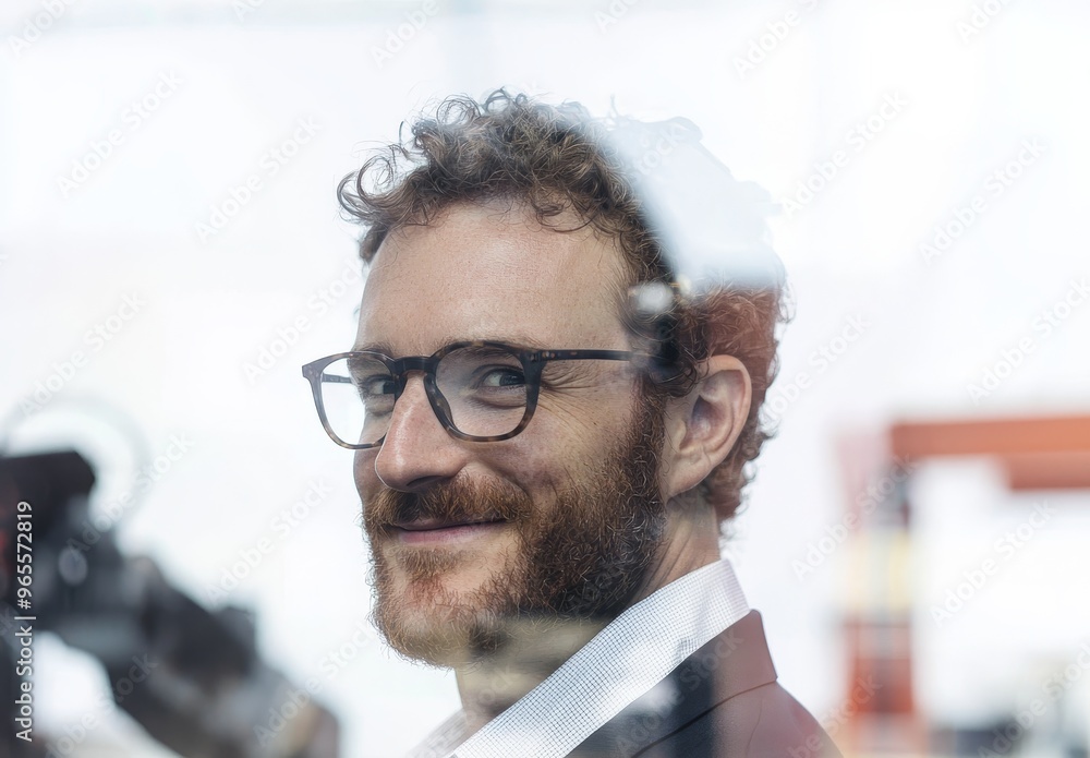 Poster robot arm and factory worker double exposure. robotic technology for industrial revolution and autom