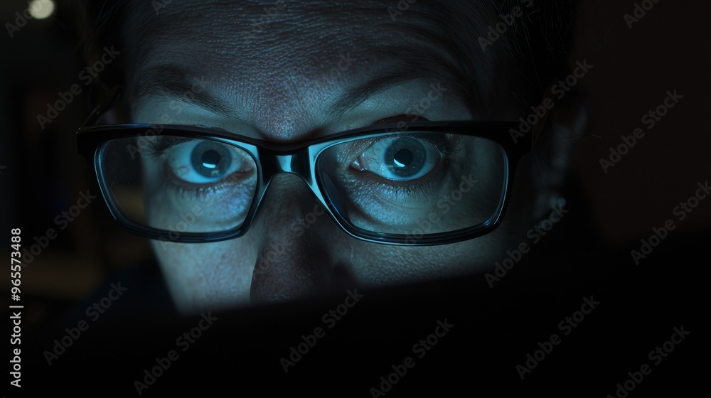 Poster an image of a software engineer working on a computer. a woman wearing glasses is wearing a computer