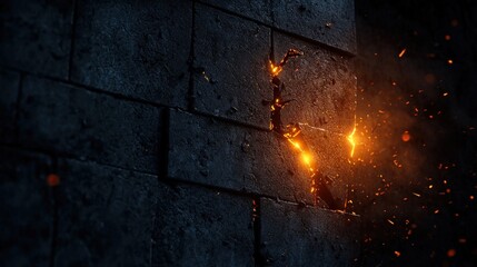 Glowing Crack in Brick Wall with Sparks