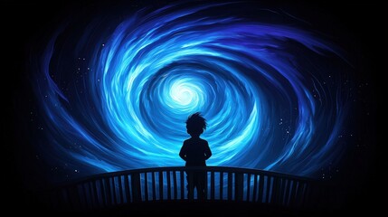 Silhouette of a Person Watching a Blue Swirling Vortex in the Night Sky
