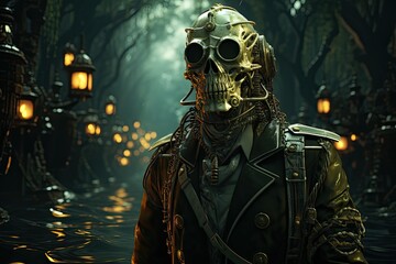 Fototapeta premium skeletal steampunk pirate, boats in background