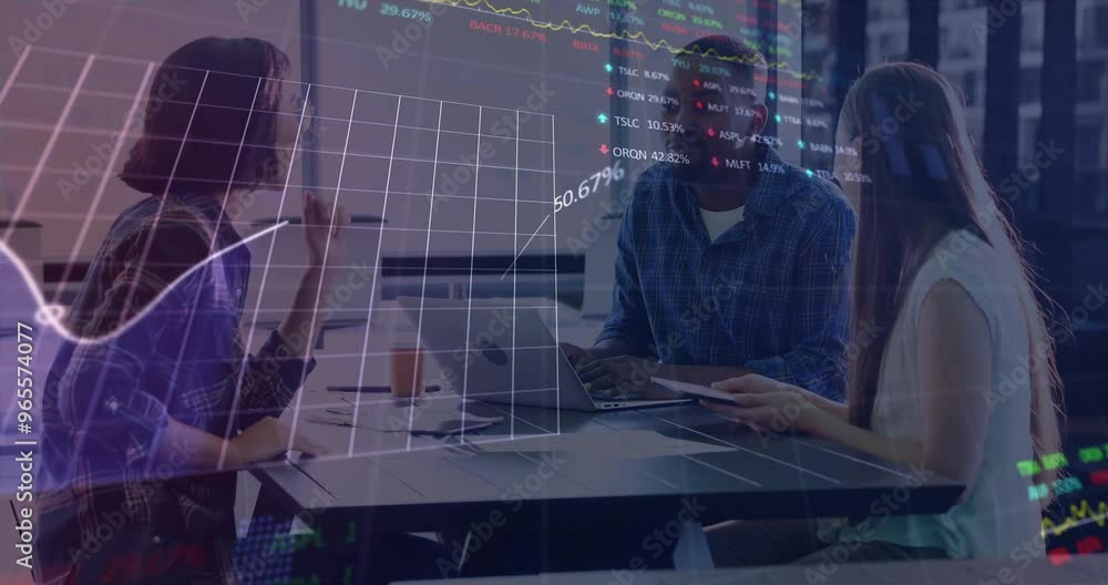 Poster animation of financial data processing over diverse colleagues discussing work in office