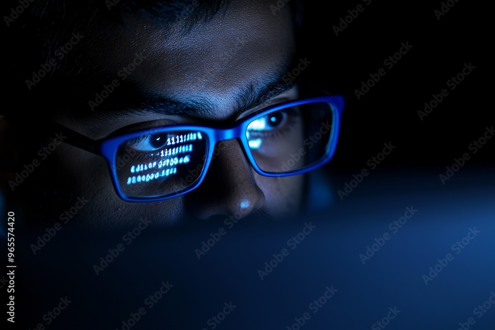 Poster working on futuristic transparent computer in digital identity cyber security data center, a semi-tr