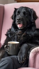 Obraz premium Comical Canine Relaxed Black Labrador Retriever in Suit Enjoys Morning Coffee Break on Pink Sofa.