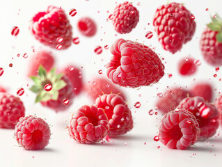 Vibrant raspberries floating gracefully against a soft pink background, perfect for culinary and...