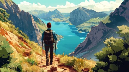 Obraz premium Illustrate a scenic hiking trail with a traveler ascending a mountain path, surrounded by panoramic views of nature