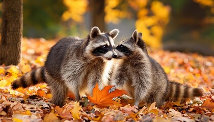 Obraz premium Mischievous raccoon duo playing in autumn leaves