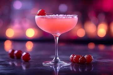 A stylish modern cocktail with a creative garnish and a vibrant color served in a sleek glass