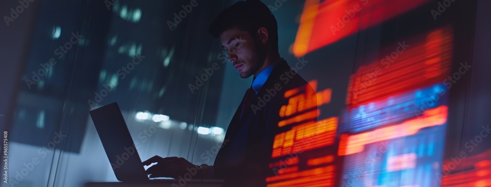 Poster a businessman using a laptop computer with a global network connection, data exchange, digital marke