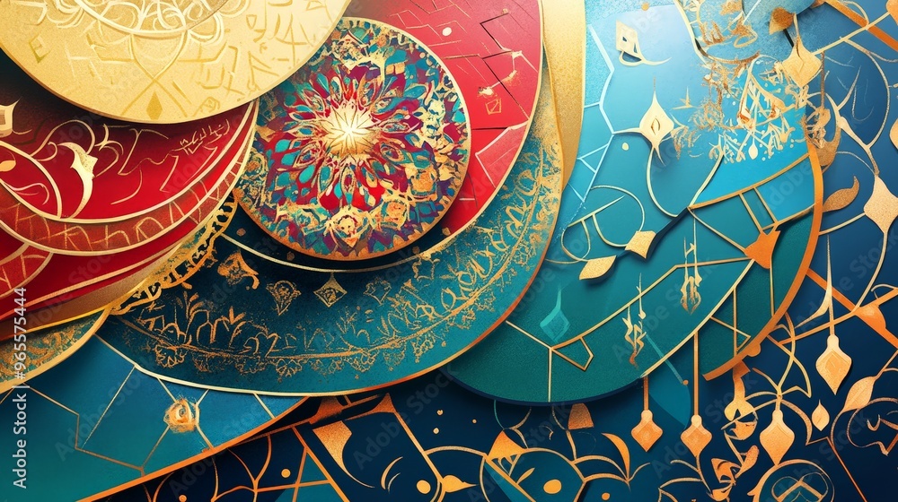 Fototapete illustrate a vibrant eid mubarak card with intricate geometric patterns and elegant calligraphy.