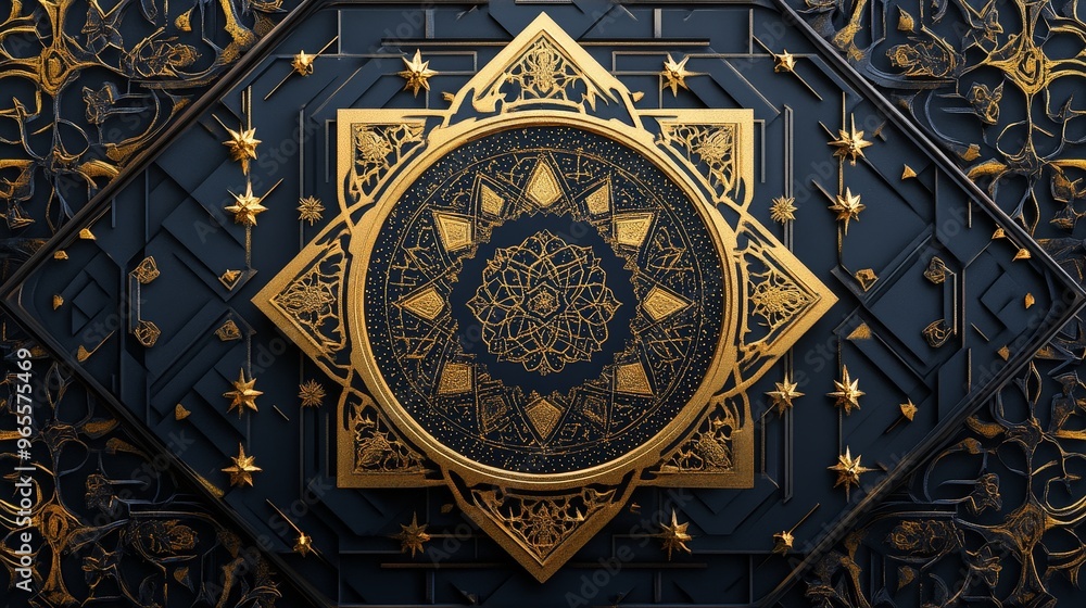 Fototapete illustrate a vibrant eid mubarak card with intricate geometric patterns and elegant calligraphy.
