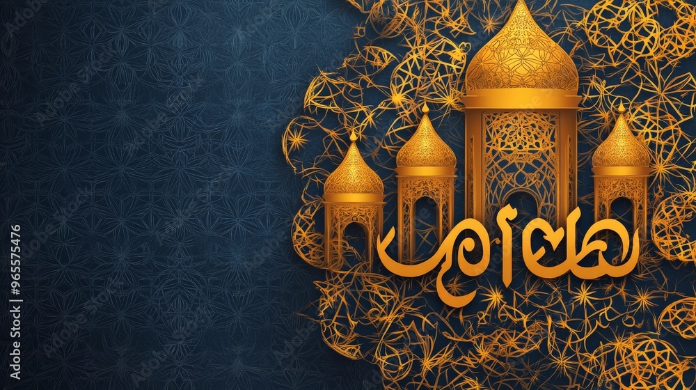 Fototapete illustrate a vibrant eid mubarak card with intricate geometric patterns and elegant calligraphy.