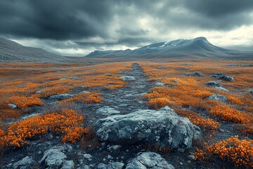 Naklejka premium A sweeping view of a tundra landscape with rugged terrain and sparse vegetation under a dramatic sky