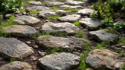 Illustrate the texture of a rough, natural stone pathway, highlighting the uneven surface