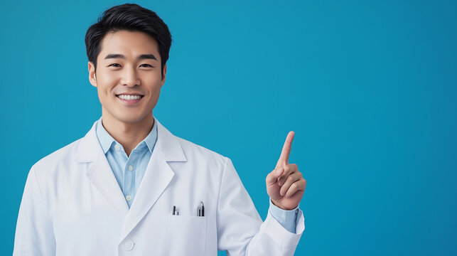 asian male doctor, pointing his finger to up top, blue background