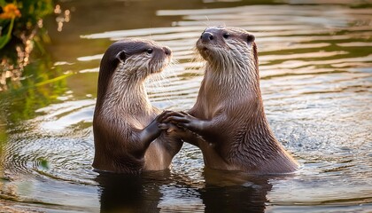 Fototapeta premium Endearing otter pair holding hands in a river