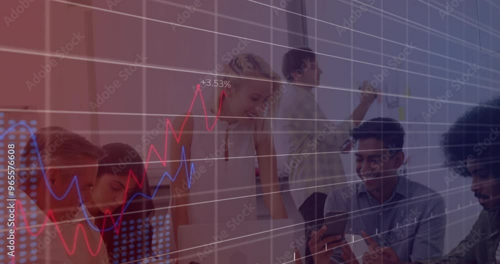 Poster animation of financial data processing over diverse colleagues discussing work in office