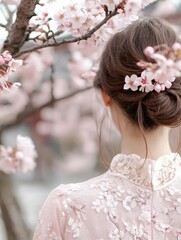 Naklejka premium Traditional Hanbok in Seoul's palace during spring bloom, capturing the elegant cultural essence.