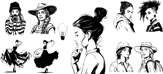 
Vector sketch of a professional girl at work. Vintage illustration of a cute female worker in various jobs, from engineer to cabaret dancer.