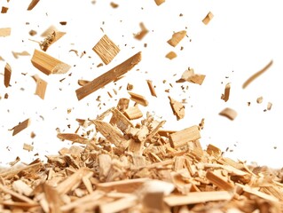 A pile of wood chips with more chips falling down on a white background.