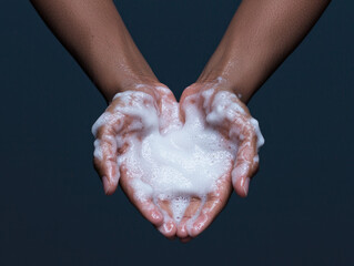 Fototapeta premium A pair of hands shaped like a heart, filled with foam, symbolizes love and care in hygiene and cleanliness.