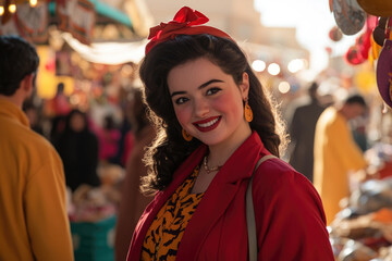 Obraz premium Smiling young woman in retro outfit enjoying a vibrant outdoor market