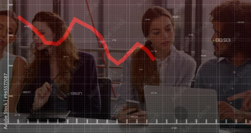 Poster animation of financial data processing over diverse colleagues discussing work in office