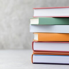 Fototapeta premium Stack of business books on a grey background, focusing on titles, top view.