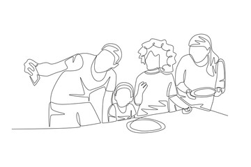 The family took photos before eating together. Eating together with their family at the kitchen table concept one-line drawing
