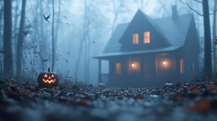 The spooky Halloween house with eerie lighting and creepy surroundings creates a chilling atmosphere in the night setting.