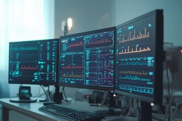 Three computer monitors are on a desk, each displaying different data