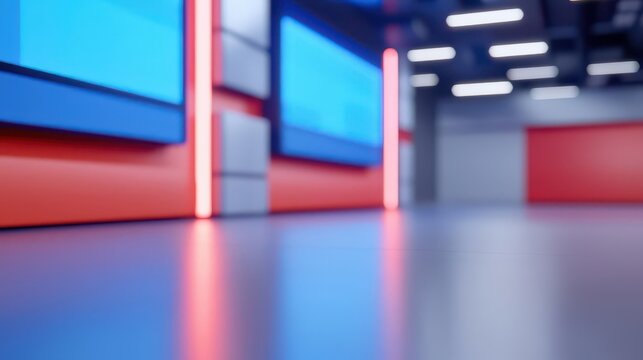 Sports news studio set, vibrant graphics, live anchor reporting in a dynamic atmosphere