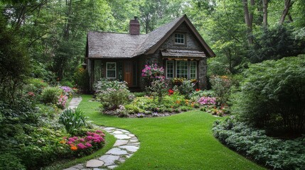 Imagine a cozy cottage surrounded by a lush garden, with colorful flowers and a winding path leading to the front door