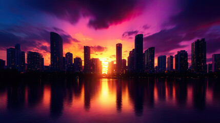 Fototapeta premium Stunning sunset over a city skyline, reflecting vibrant colors on water, creating a beautiful urban landscape.