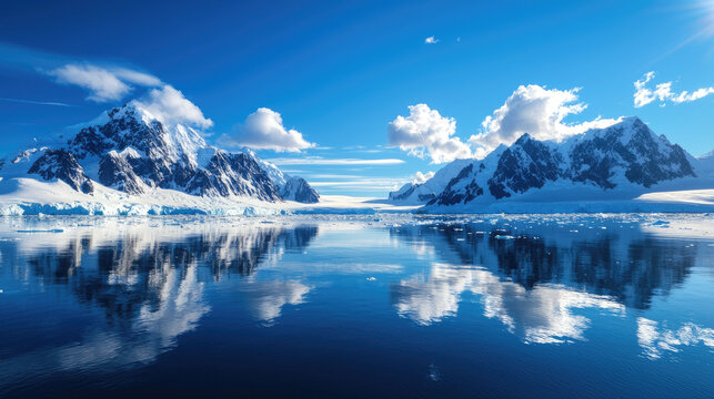 Stunning reflection of snow-capped mountains against a clear blue sky on a tranquil icy lake.