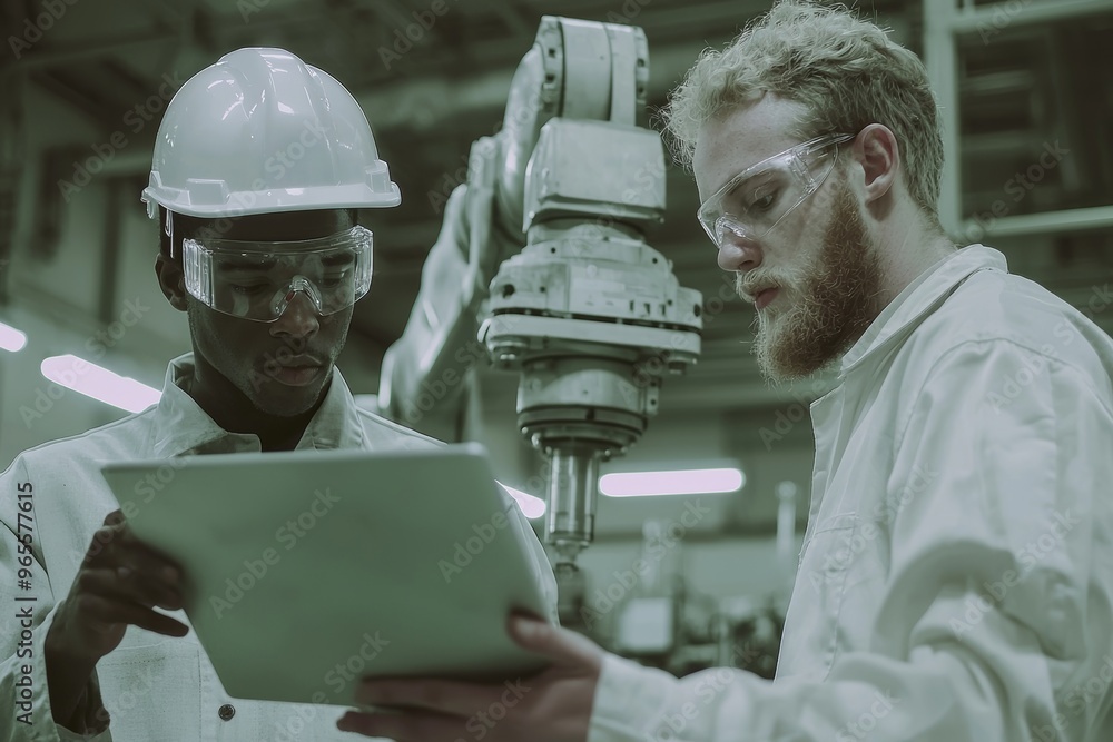 Poster in a factory warehouse, a robotic engineer maintains and controls a robot arm. a new automation robo