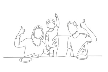 Family eating together. Eating together with their family at the kitchen table concept one-line drawing