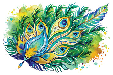 Obraz premium watercolor of peacock feather white background vector art illustration