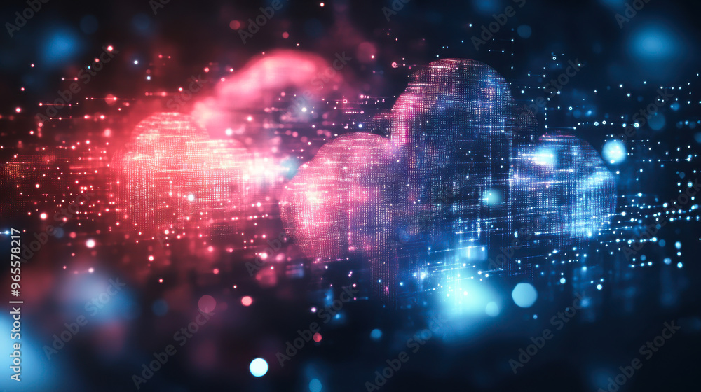 Poster cloud computing. the data transfer and storage concept has a cloud in the middle connected to a whit