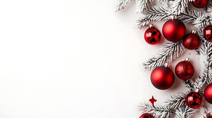 Minimalist White Christmas Background with Red Ornaments and Copy Space for Holiday Marketing, Announcements, or Invitations