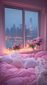Fototapeta Modern style luxury pink master bedroom with blurry city view in the night background